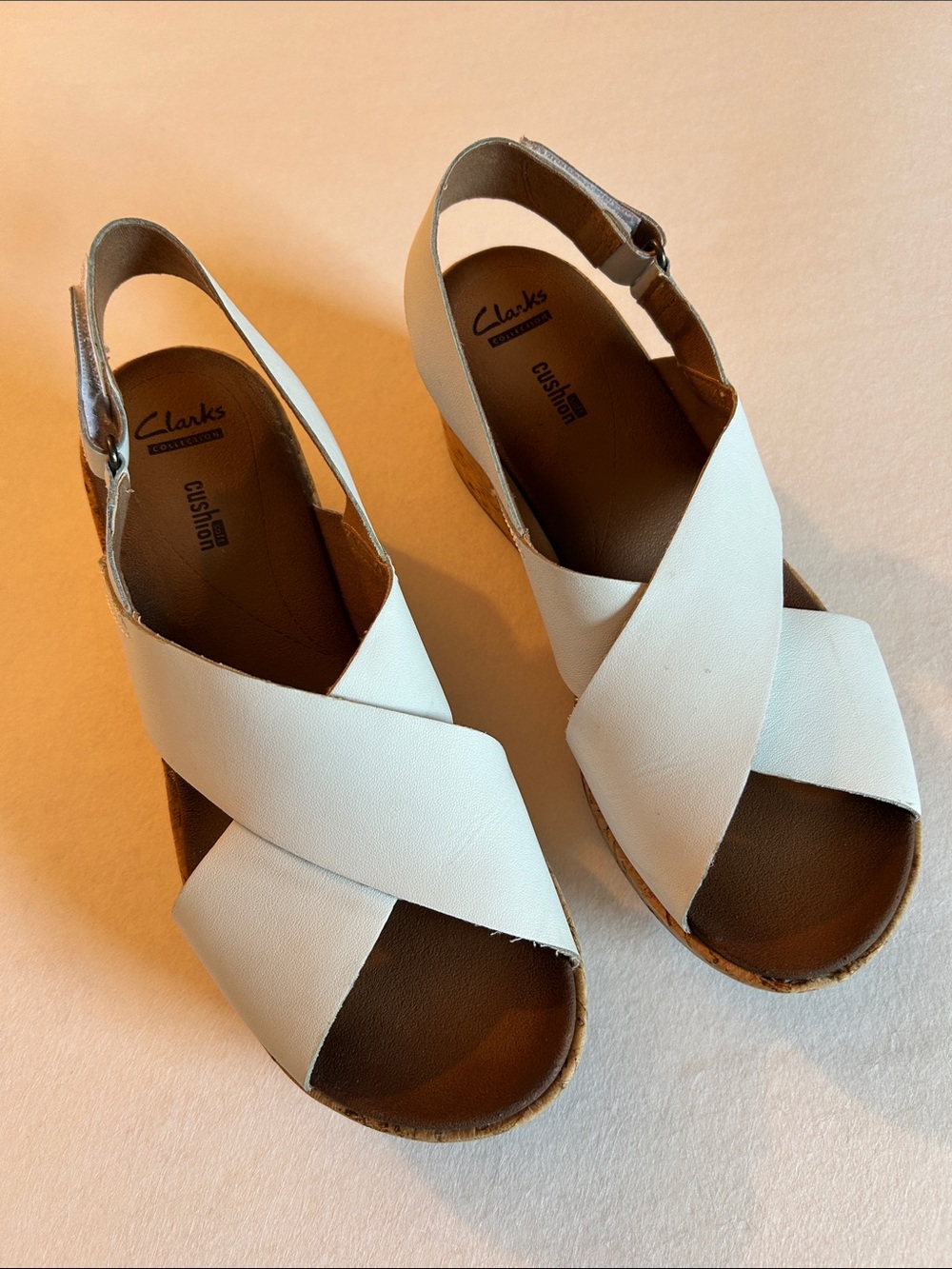 Clarks White Leather Crisscross Slingback Wedge Sandals